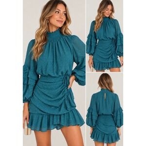 Two Sisters The Label Teal Swiss Dot Ruched Ruffle Mini Dress XS Teal